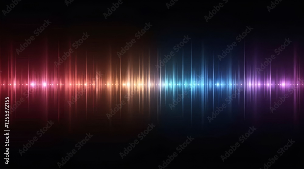 Abstract glowing soundwave with colorful light reflections on black background. Futuristic audio waveform and digital equalizer concept Abstract glowing soundwave with colorful light reflections on black background. Futuristic audio waveform and digital equalizer concept