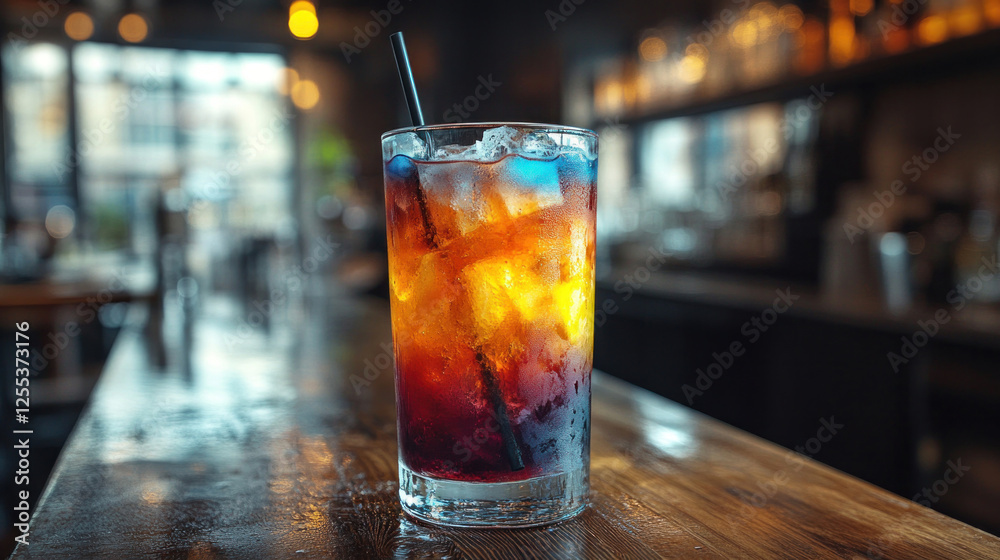 Cocktail featuring a layered drink in a clear glass with a rainbow effect Cocktail featuring a layered drink in a clear glass with a rainbow effect