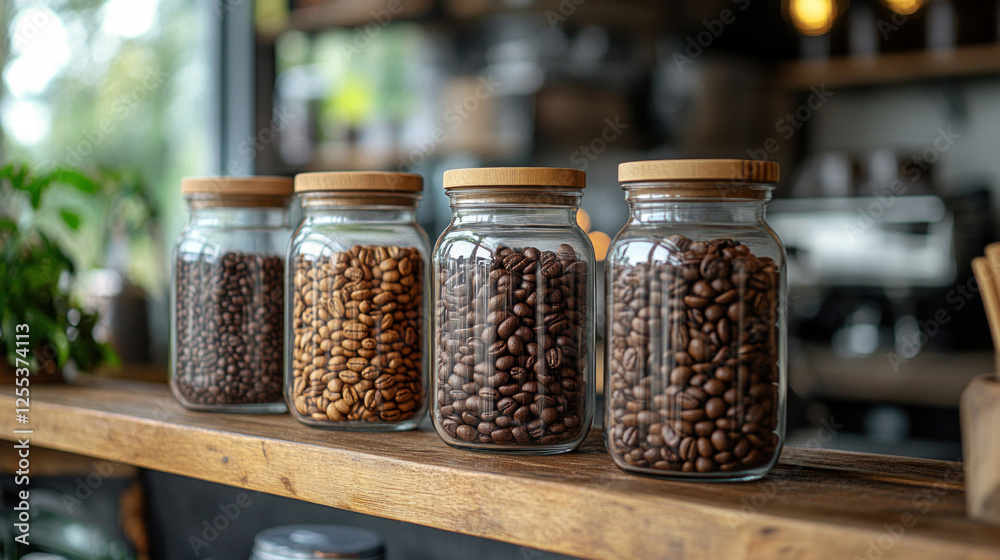Coffee beans displayed in decorative jars alongside brewing equipment Coffee beans displayed in decorative jars alongside brewing equipment