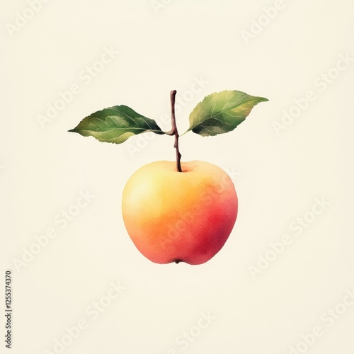 Watercolor painting of a single apple with leaves