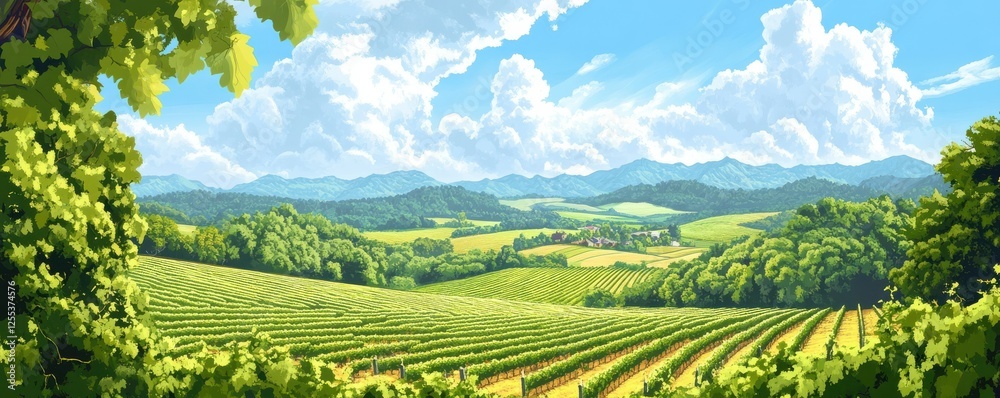 Fototapeta premium Sunny countryside landscape with vibrant vineyards and rolling hills