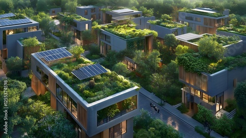 Futuristic residential neighborhood with modern homes are seamlessly integrated with nature, Solar panels are installed on the rooftops, renewable energy and sustainable living concept photo