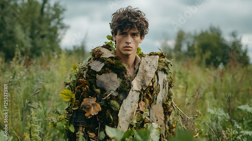 in a futuristic suit made from living plants and flowers, with small vines growing from the fabric  photo