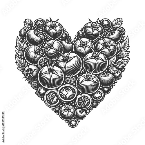 heart formed by an intricate cluster of tomatoes on the vine, symbolizing fresh produce, nature, and organic farming sketch engraving generative ai vector. Scratch board. Black and white image.