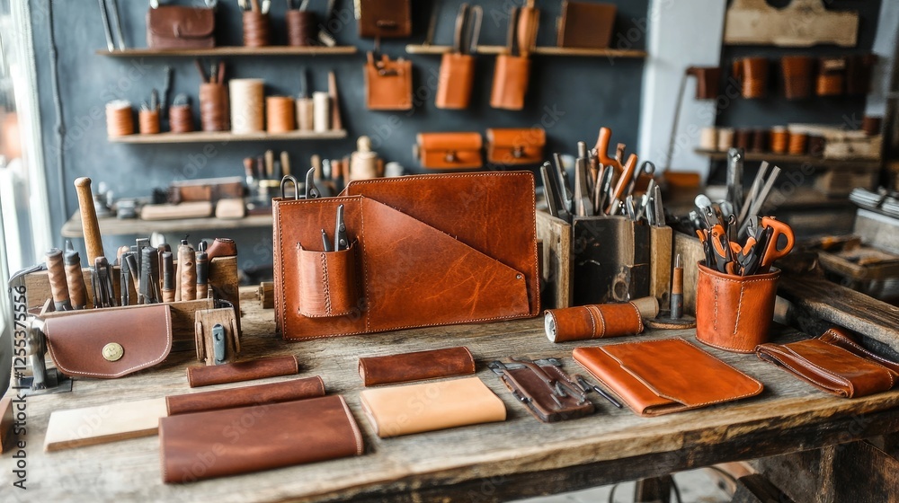 A rustic leather workshop with hand-stitched wallets, vintage sewing tools, and raw leather rolls. A rustic leather workshop with hand-stitched wallets, vintage sewing tools, and raw leather rolls.