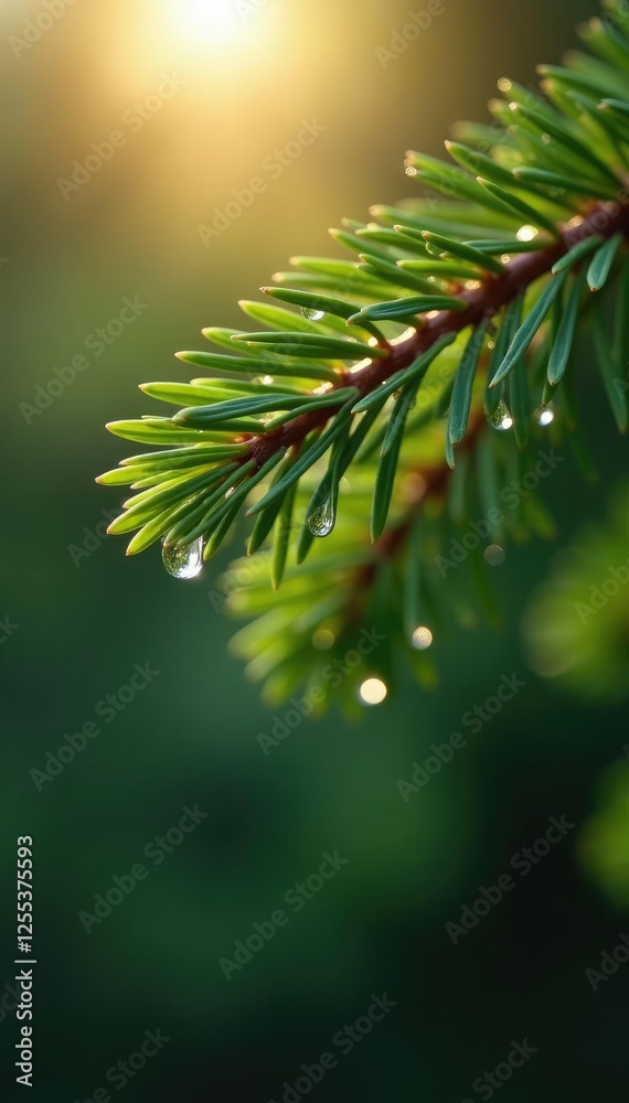 Water droplets clinging to a pine branch in sunlight, shine, droplets, bright Water droplets clinging to a pine branch in sunlight, shine, droplets, bright