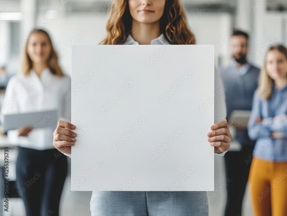 A professional woman holds a blank sign, representing opportunities for advertisement or marketing in a corporate office setting. A professional woman holds a blank sign, representing opportunities for advertisement or marketing in a corporate office setting.