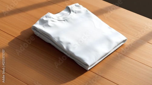 Folded White T-Shirt on Wooden Table