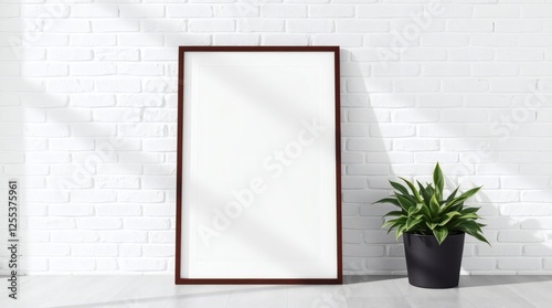 Blank Vertical Frame Mockup on White Brick Wall