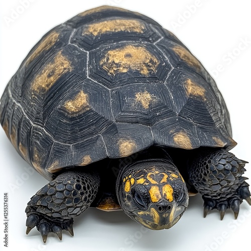 Close-Up of a Tortoise on a White Background with Intricate Shell Patterns and Textures photo
