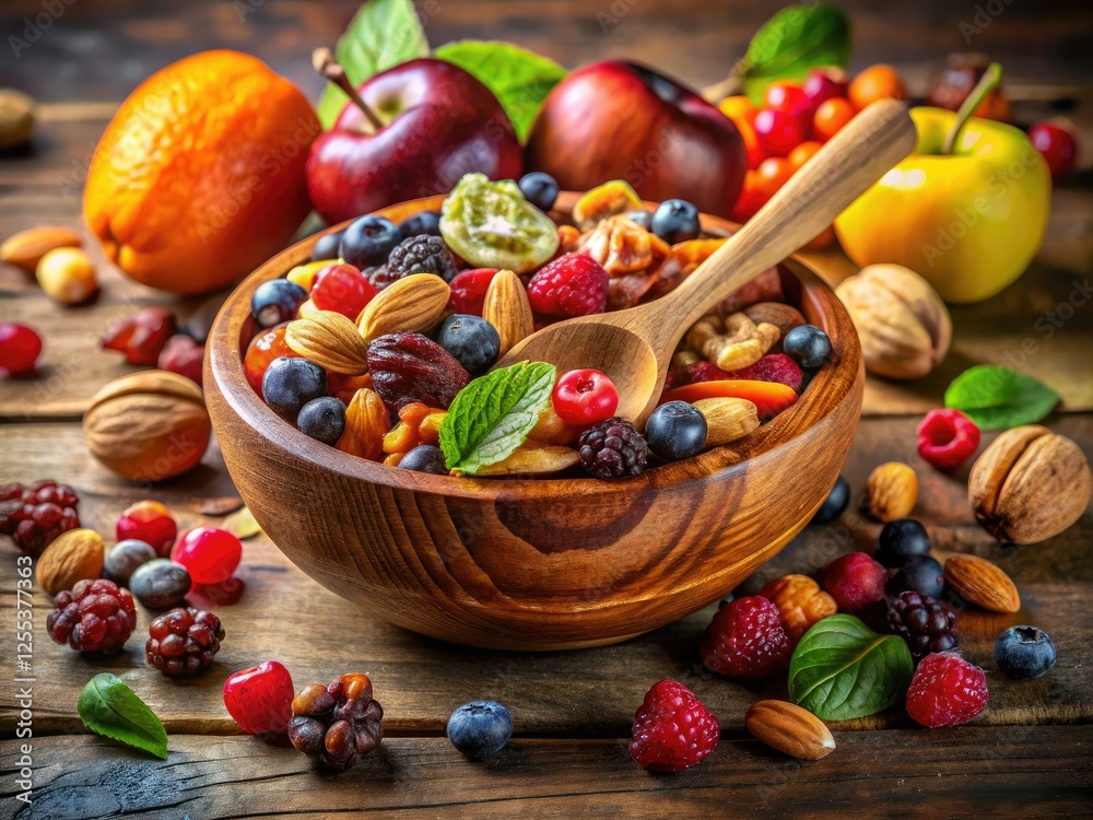 A vibrant close-up reveals a bowl brimming with fruits and nuts, sharply focused from edge to edge. A vibrant close-up reveals a bowl brimming with fruits and nuts, sharply focused from edge to edge.