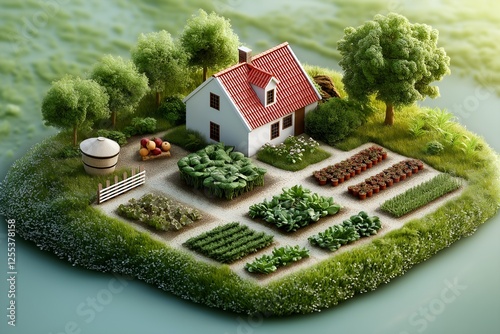 Isometric Concept of a Sustainable Home Garden with Rows of Vegetables, Fruit Trees, and a Small Farmhouse on a Lush Green Landscape, Representing Eco-Friendly Living and Organic Agriculture