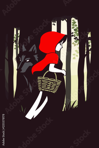 Little Red Riding Hood with wolf, intriguing mood, graphic art in forest setting