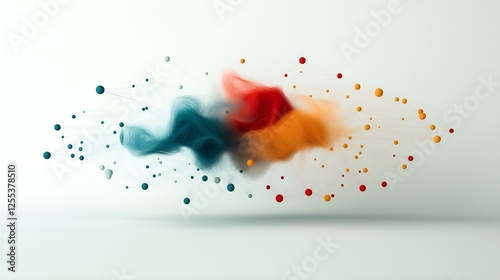 Abstract Digital Network of Colorful Interconnected Spheres and Fibrous Structures, Conceptual Data Flow and AI Visualization in a Futuristic Minimalist Style