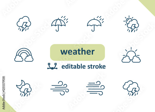 Weather icons. Weather forecast, meteorology, clouds, rain, sunny, wind vector icon set