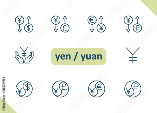 Yen, Yuan icons. Currency, Chinese, Japanese, money, cash, exchange rate, conversion, payment, savings, investment vector icon set