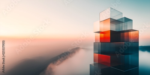 Futuristic Glass Tower With Translucent Stacked Blocks Emerging Above the Clouds, Conceptual Abstract Architecture With Dreamlike Mountain Landscape