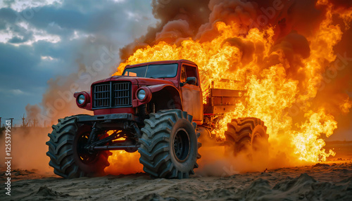 Truck engulfed in flames, creating a dramatic scene. The truck is red and has large tires, adding to its powerful appearance.