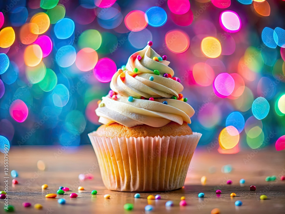 Close-up of a delicious birthday cupcake, a festive sweet treat, perfectly captured in high-resolution. Close-up of a delicious birthday cupcake, a festive sweet treat, perfectly captured in high-resolution.