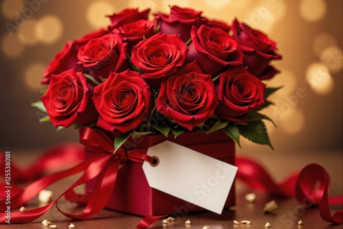 Romantic Red Roses in a Gift Box with a Blank Tag Perfect for Valentine s Day or Anniversary
