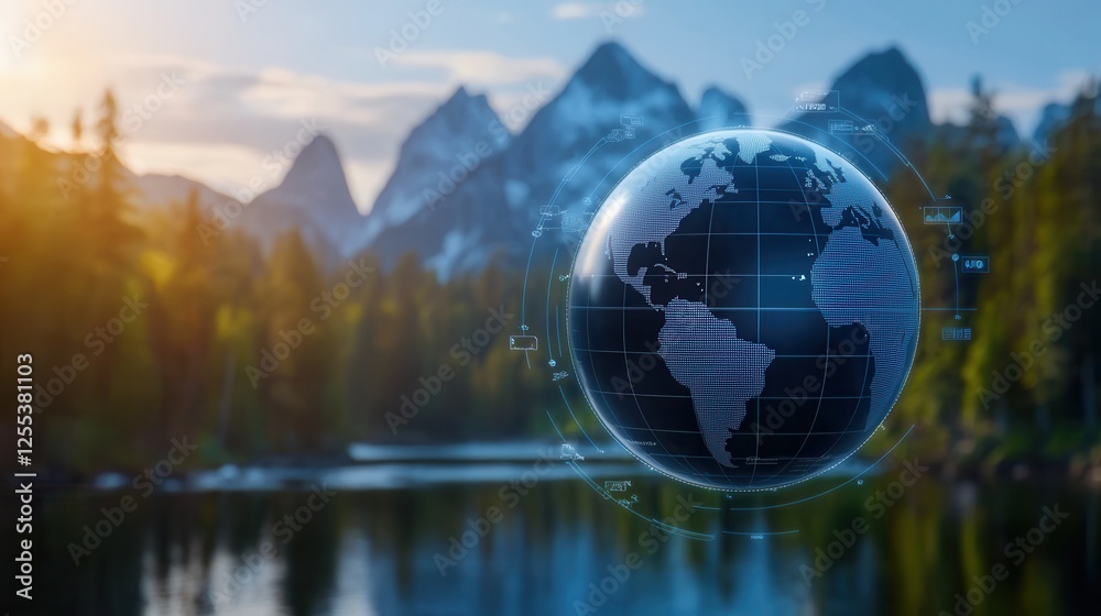 Naklejka premium digital globe overlaying serene landscape with mountains and trees, symbolizing global connectivity and environmental awareness