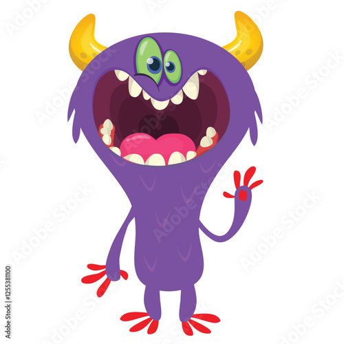 Cartoon cute monster with funny excited face expression waving hands. Vector illustration isolated on white. Halloween design