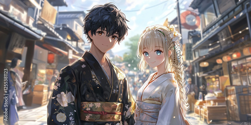 A young couple in yukatas standing on the street, anime style