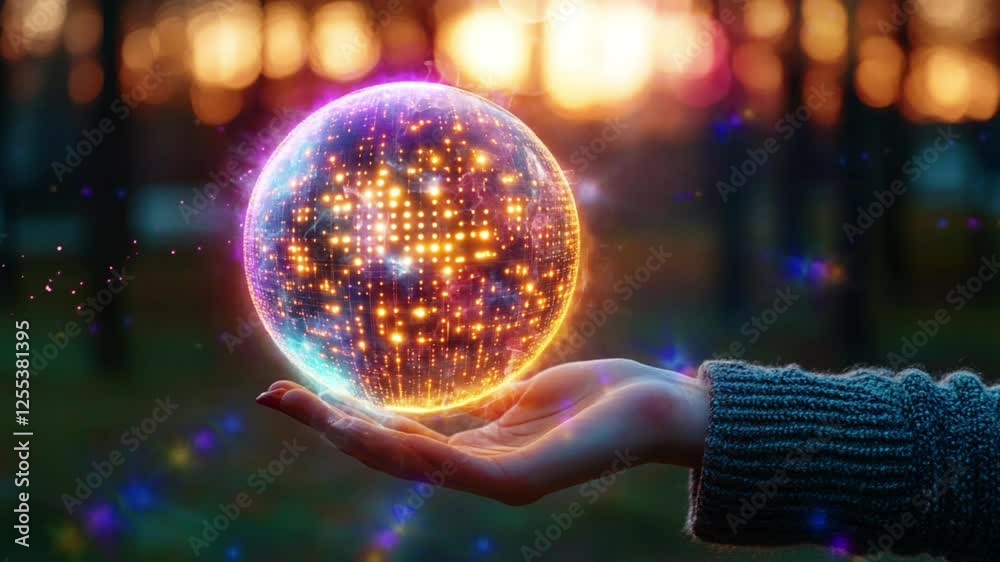 A woman's hand gently cradles a luminous, glowing orb representing global connection and technology.  The vibrant sphere pulses with light against a soft sunset background. Seamless looping time-lapse