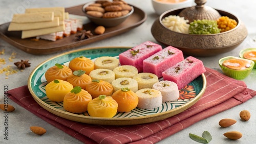 Assorted Indian Sweets Platter: A vibrant array of traditional Indian sweets, including colorful barfi, round motichoor laddoos, and other delectable treats, artfully arranged on a decorative plate. photo