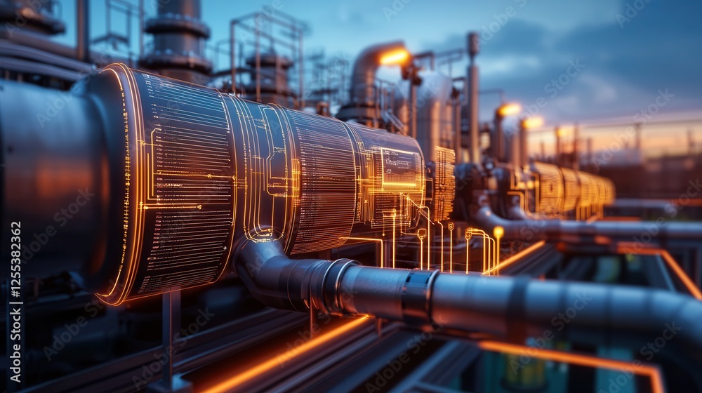 High tech industrial pipes with glowing data lines, showcasing advanced analytics