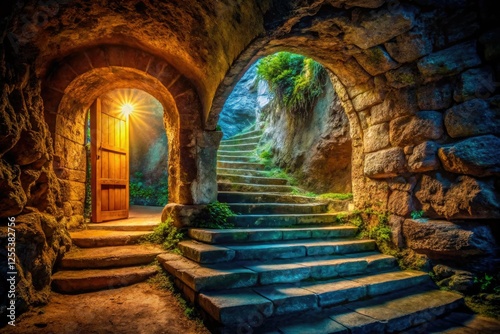 Dark gothic stone stairs descend into a mysterious cave, its arched doorway hinting at fantasy secrets within.