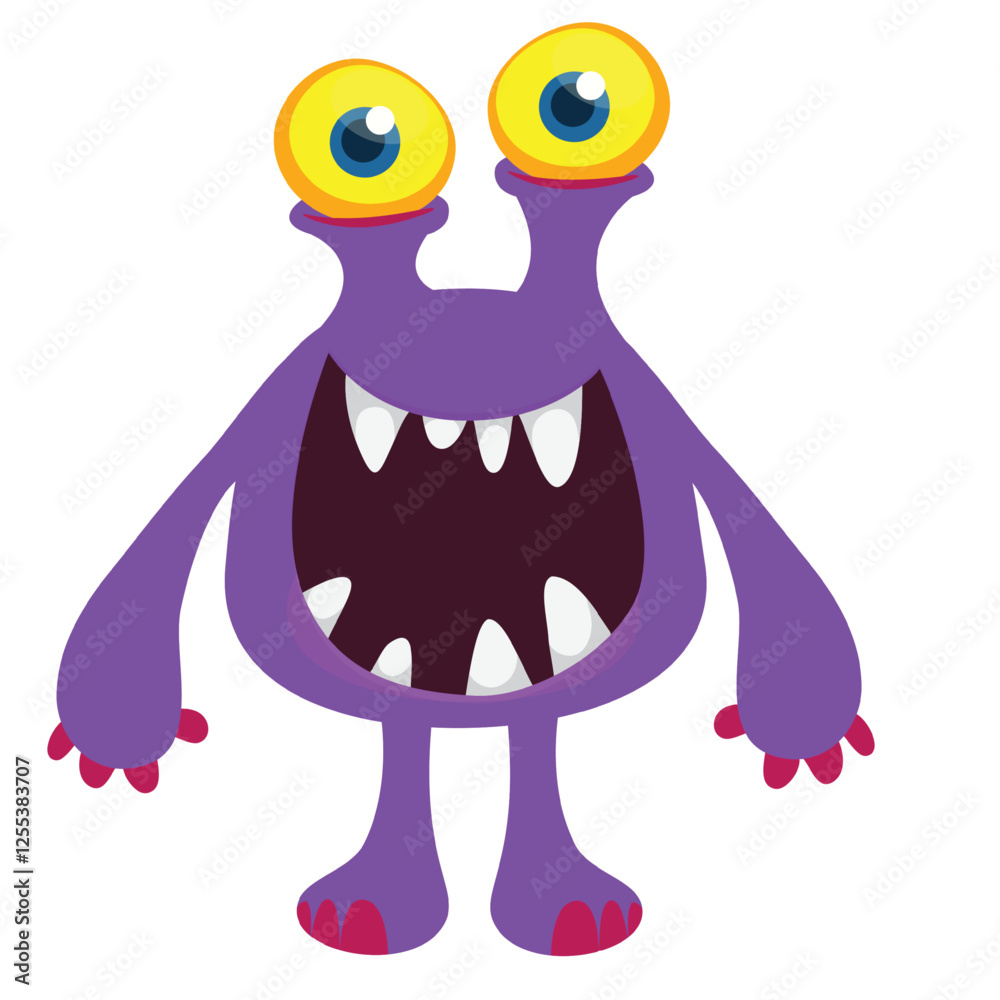Naklejka premium Cartoon cute monster with funny excited face expression waving hands. Vector illustration isolated on white. Halloween design