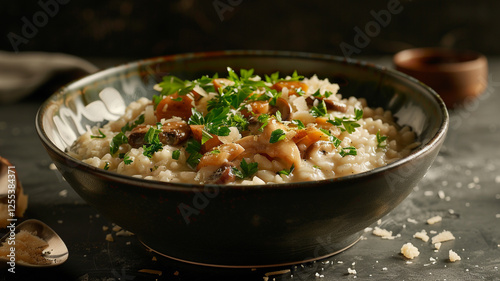 A comforting bowl of risotto, made creamy with arborio rice, infused with mushrooms, and topped with freshly grated parmesan and parsley for garnish photo