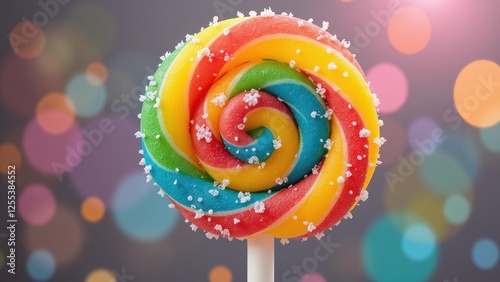 Close-up of vibrant rainbow-colored lollipops adorned with sparkling white sugar crystals, beautifully arranged in an enticing circular pattern photo