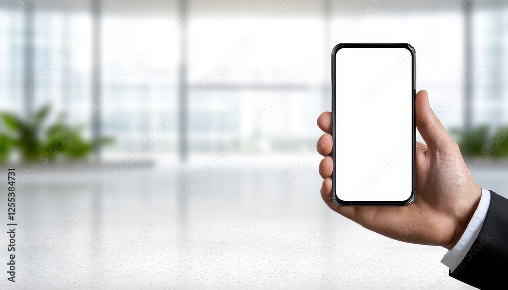 A businessman holding a blank smartphone in a modern office environment. A businessman holding a blank smartphone in a modern office environment.