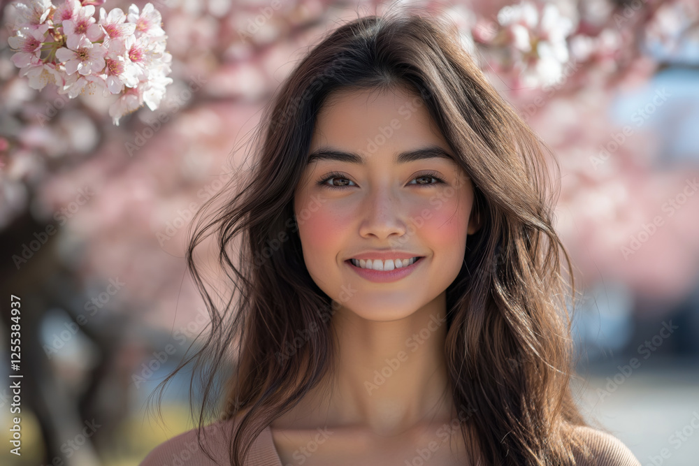 A beautiful woman about 25 years old of Asian appearance close-up smiles on the street in the spring. Advertising banner for International Women's Day. A beautiful woman about 25 years old of Asian appearance close-up smiles on the street in the spring. Advertising banner for International Women's Day.