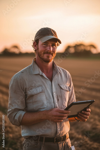 Farmer with Tablet During Sunset, Agricultural Technology