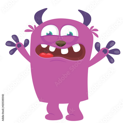Cartoon cute monster with funny excited face expression waving hands. Vector illustration isolated on white. Halloween design