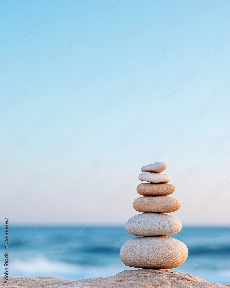 Tranquil Zen Aesthetic Stacked Beach Stones Against Ocean Waves Mindfulness Visual for Wellness and Stress-relief Campaign, Featuring Natural Elements and Calming Seascape Tranquil Zen Aesthetic Stacked Beach Stones Against Ocean Waves Mindfulness Visual for Wellness and Stress-relief Campaign, Featuring Natural Elements and Calming Seascape