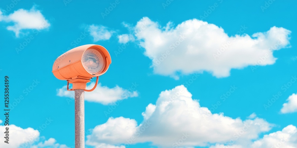 Retro-Futuristic Meteorological Monitoring Orange Weather Station Device under Clear Skies - Climate Data Collection for Sustainable Agriculture and Environmental Research Retro-Futuristic Meteorological Monitoring Orange Weather Station Device under Clear Skies - Climate Data Collection for Sustainable Agriculture and Environmental Research