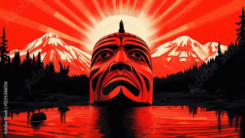 Cultural heritage celebration mountain lake digital art vibrant sunset iconic totem artistic representation photo