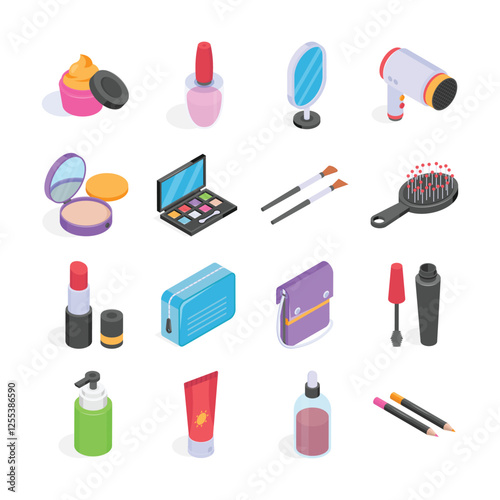 Get this amazing makeup and beauty products isometric icons set