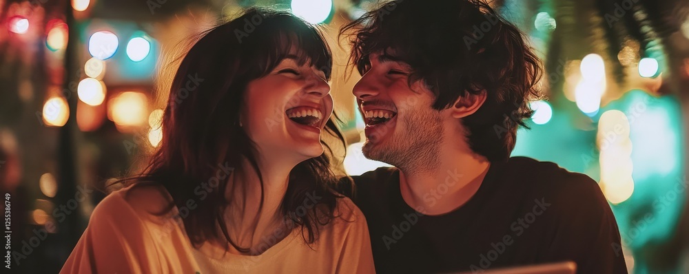 Fototapeta premium Young caucasian couple laughing at night in vibrant city lights