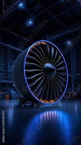 A close-up shot of a modern jet engine showcasing its intricate design and blue lighting.