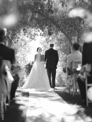 Black and white wedding photo of bride and groom. Candid shot of bride and groom. Outdoor wedding ceremony. 