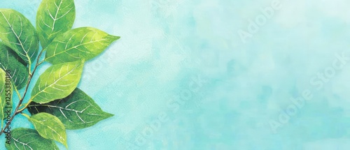 Bright Green Leaves on a Branch Against a Soft Blue Background