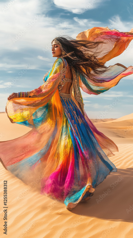 Fototapeta premium beautiful lady in a flowing dress walking on the desert