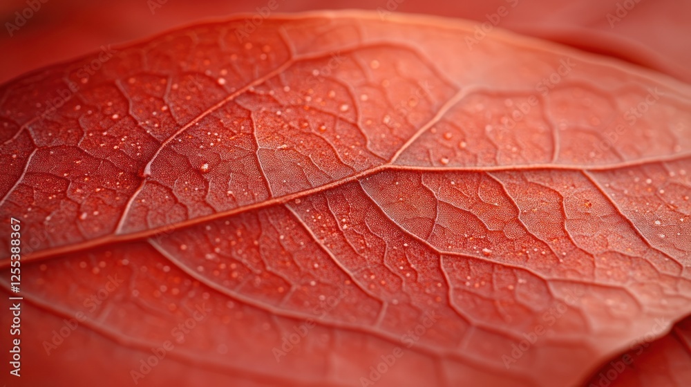 Fototapeta premium Red leaf, dew drops, close-up, blurred background, nature texture