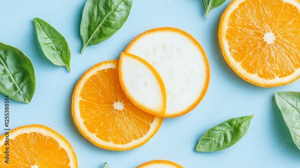 Bright Orange Slices and Green Leaves on Blue Background