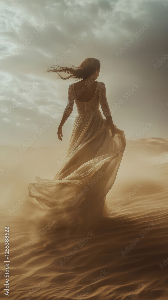 beautiful lady in a flowing dress walking on the desert beautiful lady in a flowing dress walking on the desert